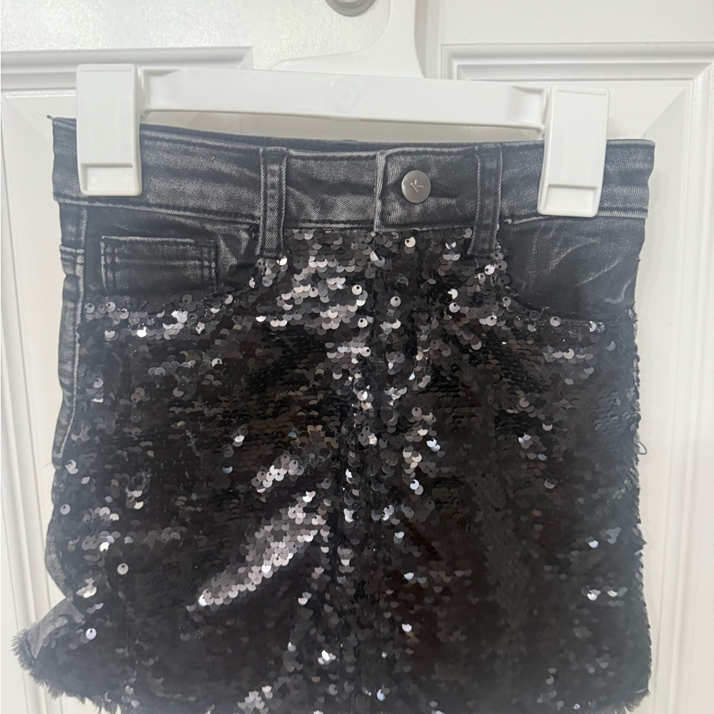 Black Sequin Denim Mini Skirt